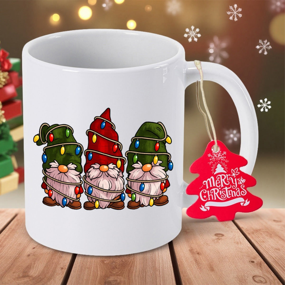 Tailorly White Ceramic 11 oz Mug - Merry Christmas Festive Nordic Characters Wrapped In Glowing Colorful Holiday Strings Of Lights Gnome