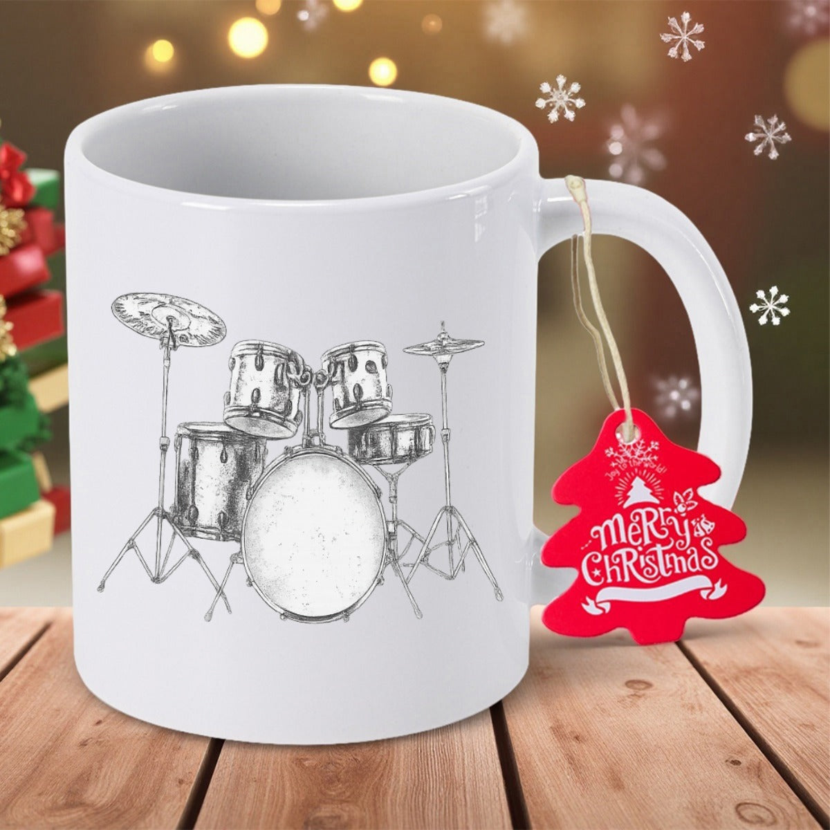 Tailorly White Ceramic 11 oz Mug - Merry Christmas Detailed Hand Drawn Sketch Of Musical Percussion Instruments For Bands Drums