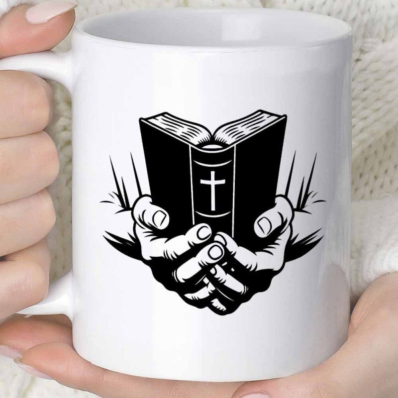 Tailorly White Ceramic 11 oz Mug - Detailed Hands Holding An Open Sacred Holy Book With A Cross Bible