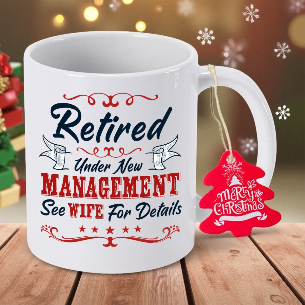 Tailorly White Ceramic 11 oz Mug - Retired Under New Management See Wife For Details Ceramic Drinking Vessel With Decorative Red Scrolls And Humorous Retirement