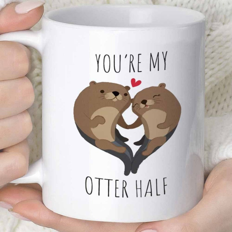 Tailorly White Ceramic 11 oz Mug - Youre My Otter Half Two Sweet Brown Sea Otters Holding Hands Forming A Heart Shape Otter
