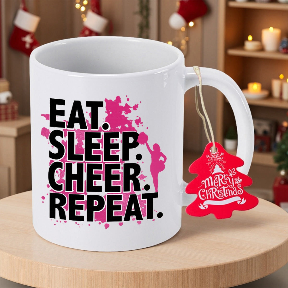 Tailorly White Ceramic 11 oz Mug - Eat Sleep Cheer Repeat Pink Splatter Background With Athletic Girl Holding Pom Poms Energetic Silhouette