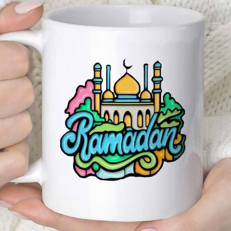 Tailorly White Ceramic 11 oz Mug - Ramadan Vibrant Colorful Hand Drawn Stylized Illustration Of A Traditional Domed Mosque