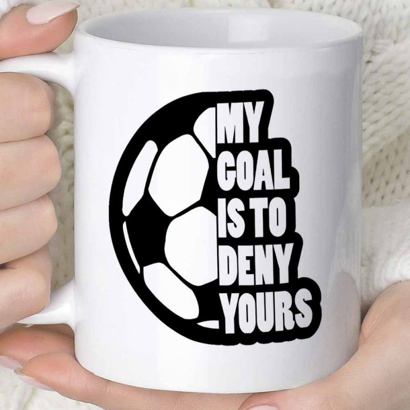 Tailorly White Ceramic 11 oz Mug - My Goal Is To Deny Yours Sleek Minimalist Silhouette Design Featuring A Vertical Sports Motivation Layout Half Soccer Ball