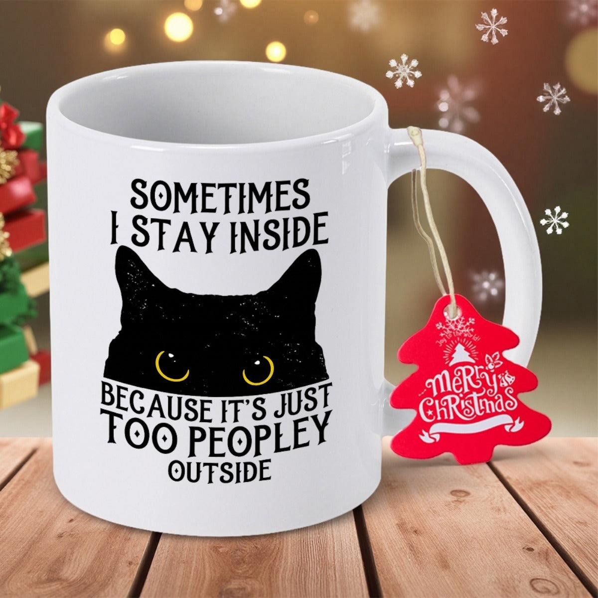 Tailorly White Ceramic 11 oz Mug - Sometimes I Stay Inside Because Its Just Too Peopley Outside Silhouetted Peeking Black Kitten With Bright Yellow Curious Eyes