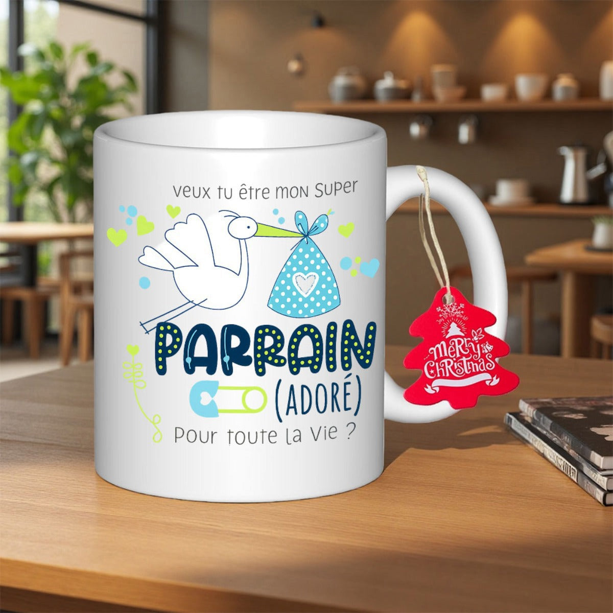 Tailorly White Ceramic 11 oz Mug - Merry Christmas Graceful Flying Stork Carrying A Blue Polka Dot Bundle Over Hearts Stork