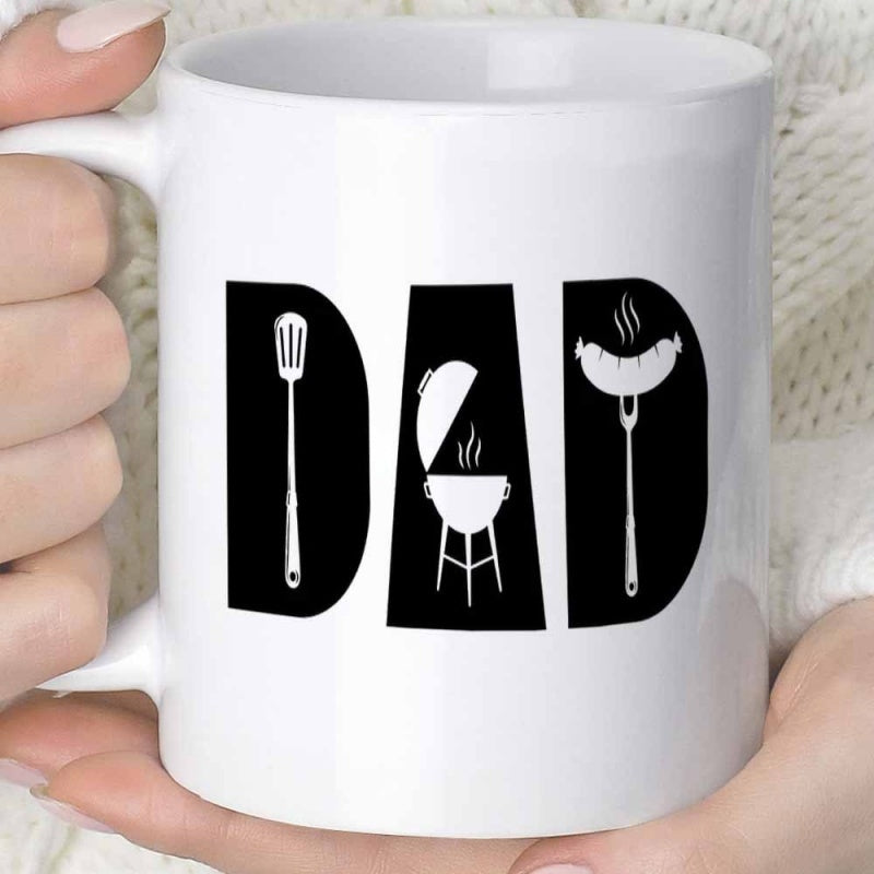 Tailorly White Ceramic 11 oz Mug - Dad Bold Lettering Incorporating A Spatula Smokin Sausage And Outdoor Charcoal Grill