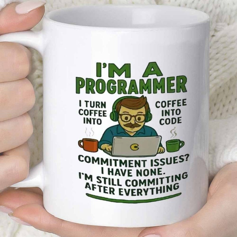 Tailorly White Ceramic 11 oz Mug - Im A Programmer I Turn Coffee Into Code Commitment Issues I Have None Im Still Committing After Everything Geeky Cartoon