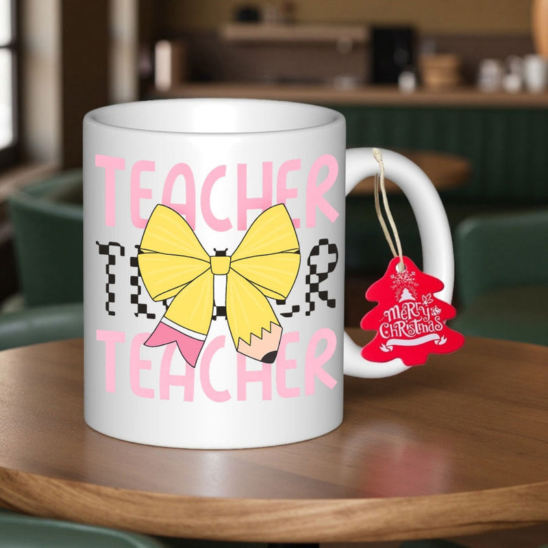 Tailorly White Ceramic 11 oz Mug - Teacher Artistic Vibrant Yellow Pencil Styled As A Decorative Hand Drawn Bow