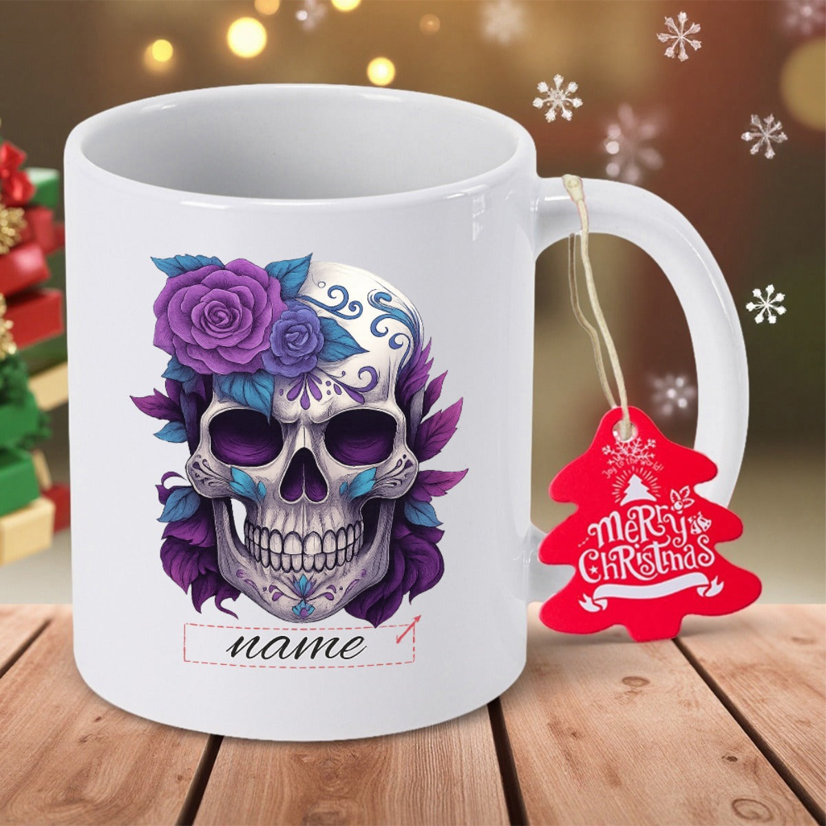 Tailorly White Ceramic 11 oz Mug - Merry Christmas Name Intricate White Bone Structure With Blooming Purple Roses And Teal Leaves Skull