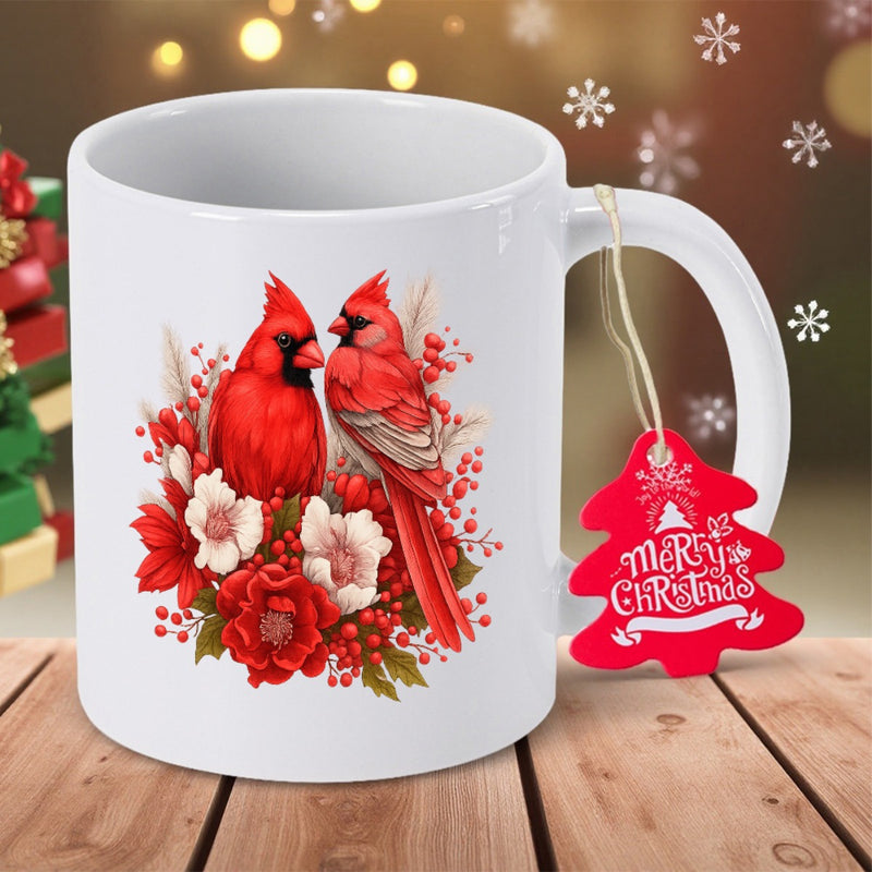 Tailorly White Ceramic 11 oz Mug - Merry Christmas Pair Of Red Birds Perched Among Lush Winter Blossoms And Berries Cardinals