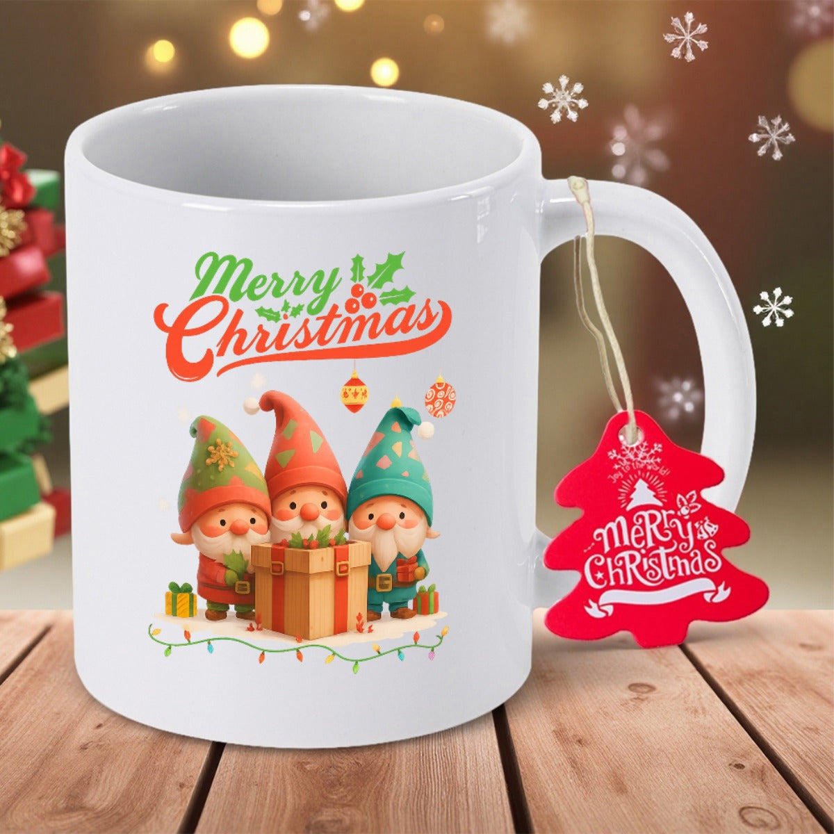 Tailorly White Ceramic 11 oz Mug - Merry Christmas Three Festive Gnomes Standing Behind A Large Gift Box Gnome
