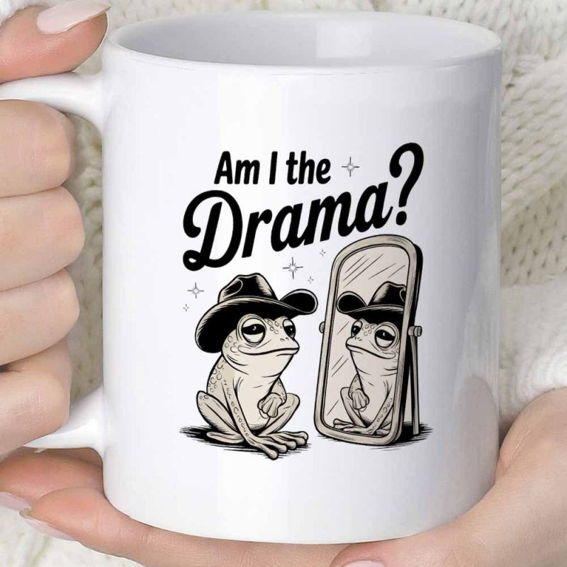 Tailorly White Ceramic 11 oz Mug - Am I The Drama Skeptical Wearing Cowboy Hat Looking Into Full Length Mirror Reflection Frog