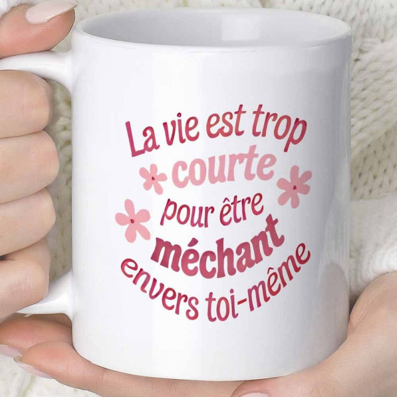 Tailorly White Ceramic 11 oz Mug - Delicate Pink Floral Motifs Surrounding Inspirational French Script Ceramic