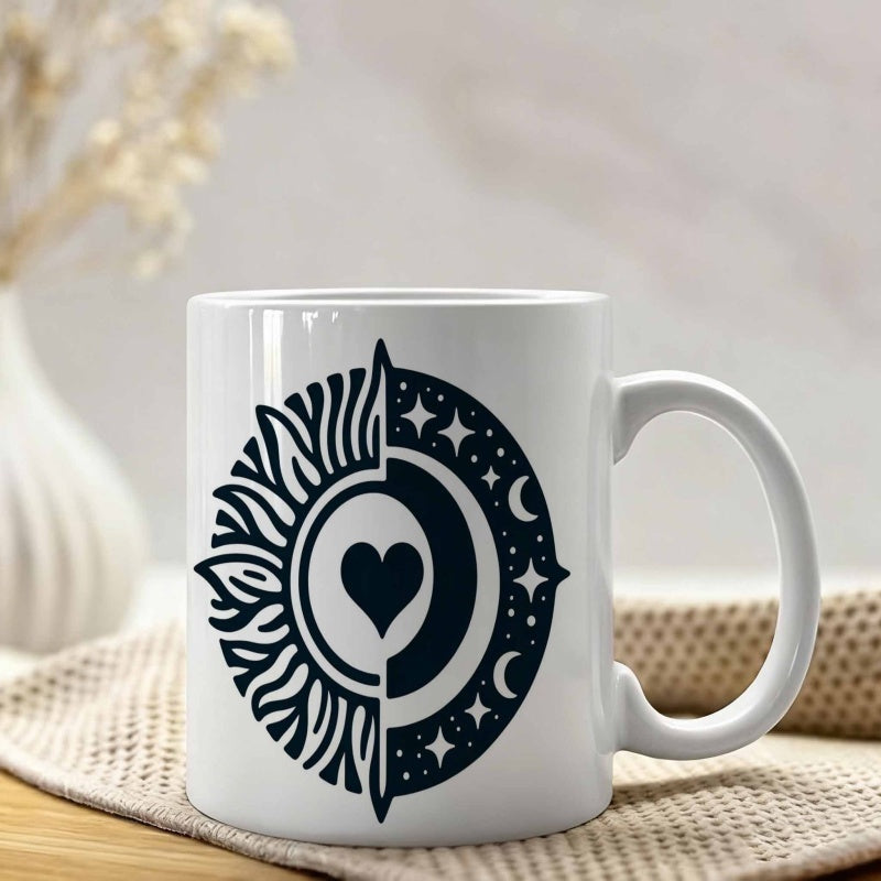 Tailorly White Ceramic 11 oz Mug - Celestial Harmony Featuring Flaming Sun And Starry Night With Central Heart