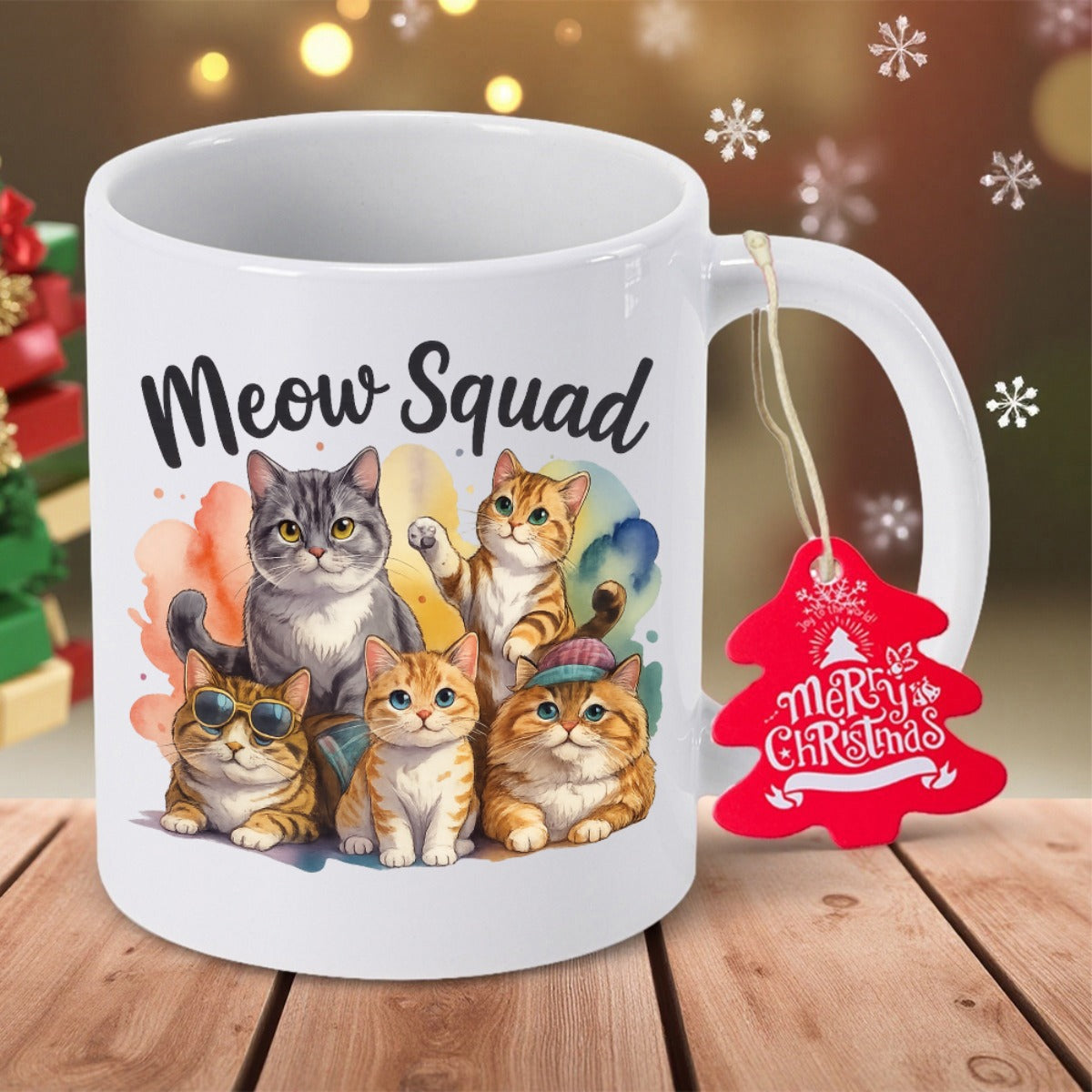 Tailorly White Ceramic 11 oz Mug - Meow Squad Five Adorable Watercolor Kittens Sitting Together In A Charming Group Cats