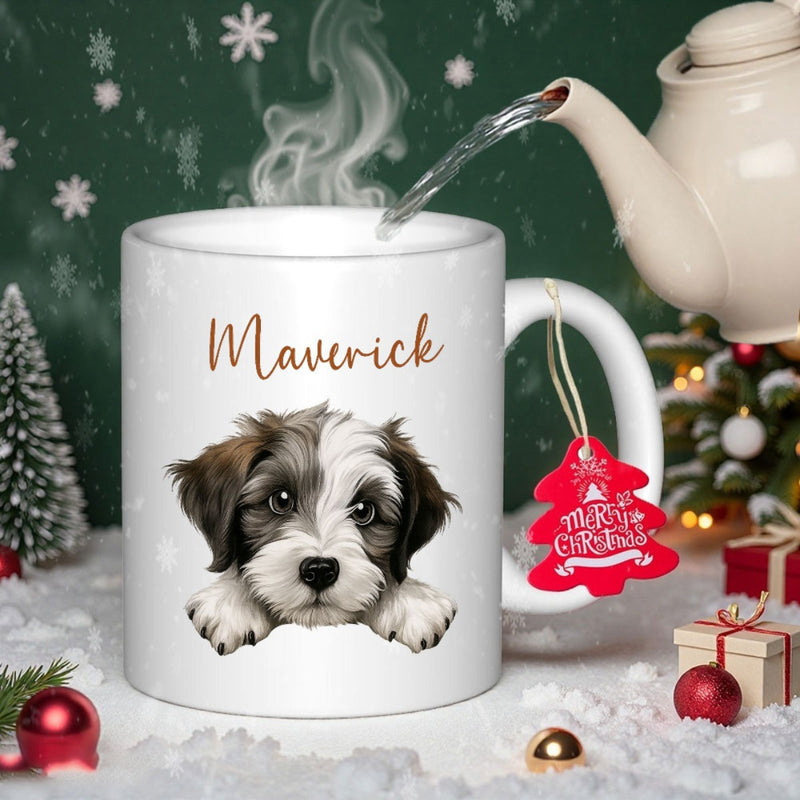 Tailorly White Ceramic 11 oz Mug - Maverick Charming Hand Painted Fluffy Brown And White Peeking Over Edge Puppy