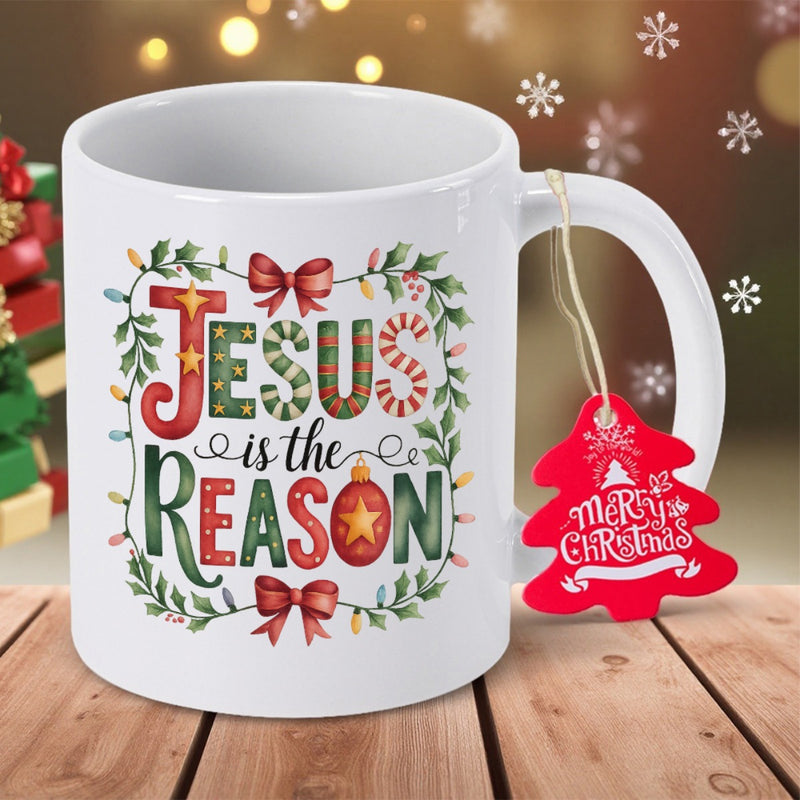 Tailorly White Ceramic 11 oz Mug - Jesus Is The Reason Festive Wreath With Glowing Lights And Red Bows Displaying Holiday Spirit Mug