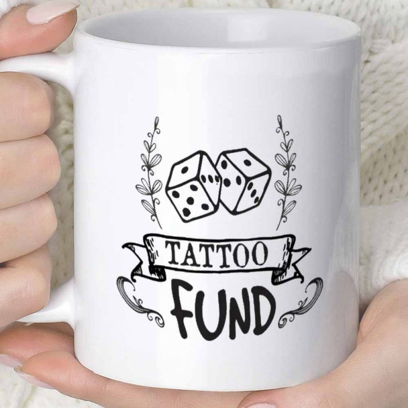 Tailorly White Ceramic 11 oz Mug - Tattoo Fund Vintage Style Banner With Botanical Leaves And Rolling Lucky Game Dice