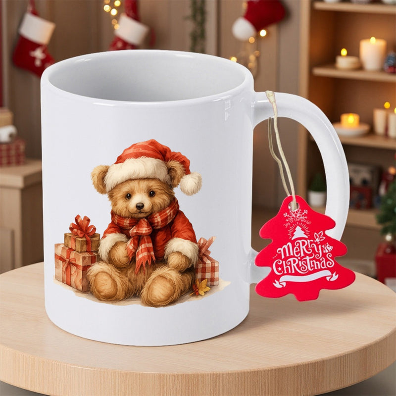 Tailorly White Ceramic 11 oz Mug - Merry Christmas Festive Holiday Teddy Bear With Santa Hat And Present Gifts Bear