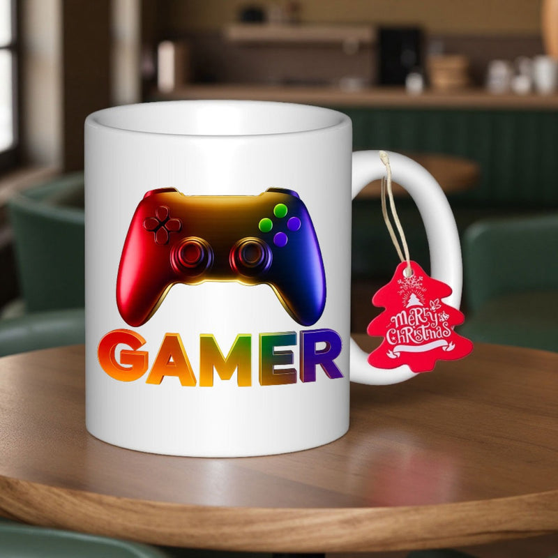 Tailorly White Ceramic 11 oz Mug - Gamer Vibrant Rainbow Gradient Electronic Game Console Handheld Joystick Themed Artwork Controller