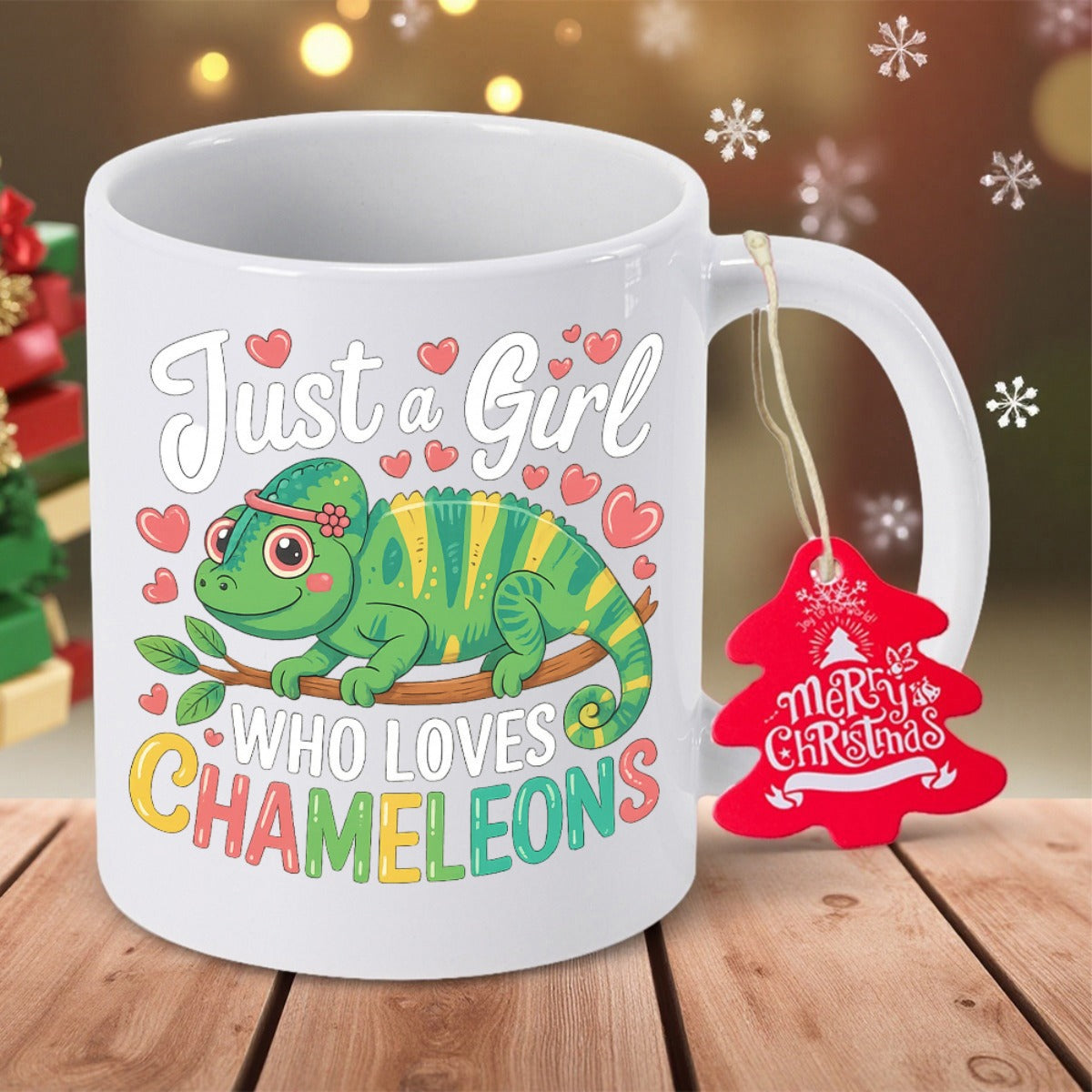 Tailorly White Ceramic 11 oz Mug - Just A Girl Who Loves Chameleons Merry Christmas Adorable Green And Yellow Striped Chameleon Resting On Branch With Hearts