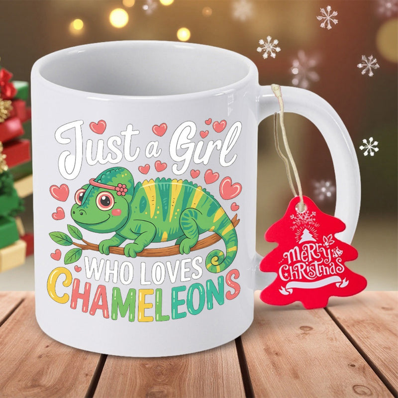 Tailorly White Ceramic 11 oz Mug - Just A Girl Who Loves Chameleons Merry Christmas Adorable Green And Yellow Striped Chameleon Resting On Branch With Hearts