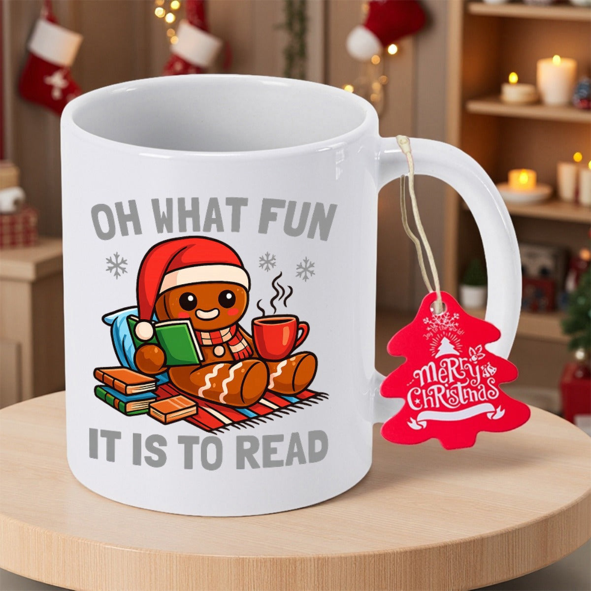 Tailorly White Ceramic 11 oz Mug - Oh What Fun It Is To Read Cute Character With Santa Hat Reading Books In Cozy Winter Atmosphere Gingerbread Man