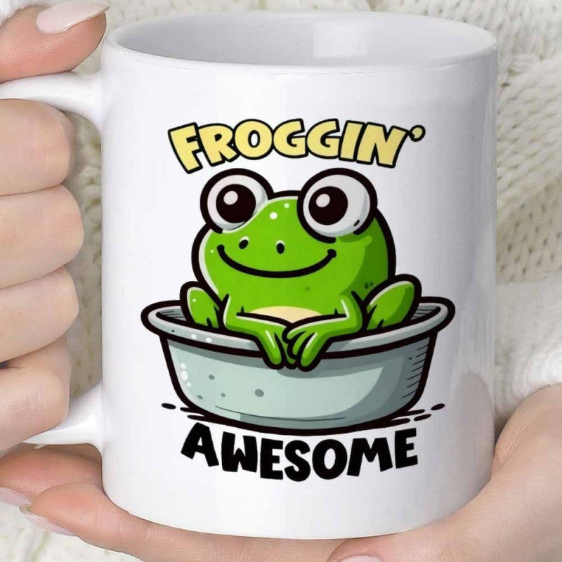 Tailorly White Ceramic 11 oz Mug - Froggin Awesome Cute Green Frog Sitting Inside Small Bowl With Big Eyes Smiling Frog