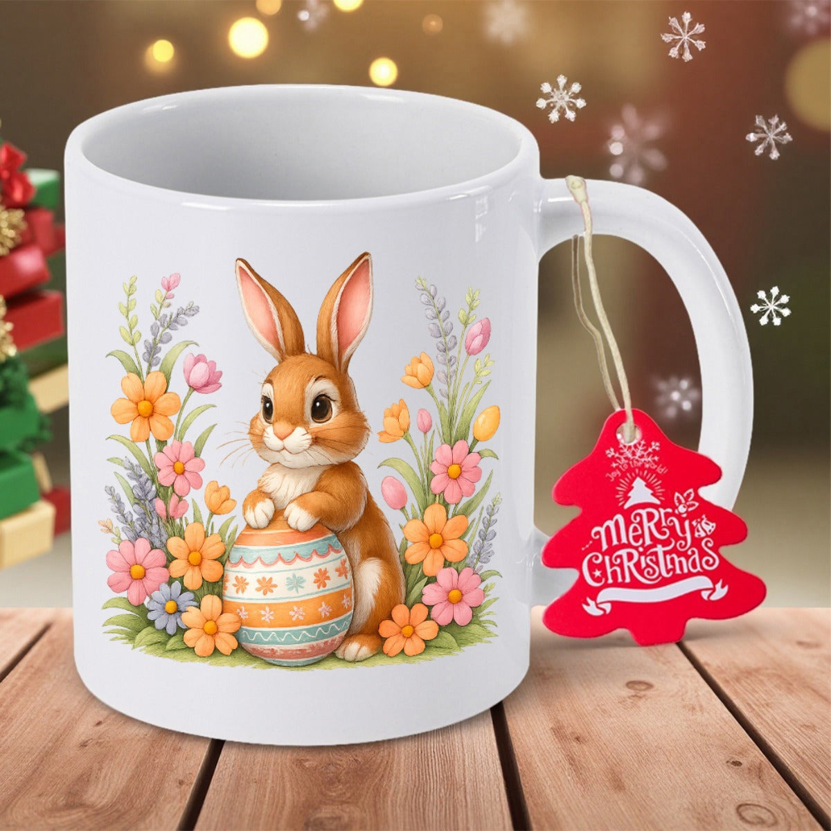 Tailorly White Ceramic 11 oz Mug - Merry Christmas Cute Brown Bunny Holding Decorated Egg Surrounded By Colorful Spring Flowers Rabbit