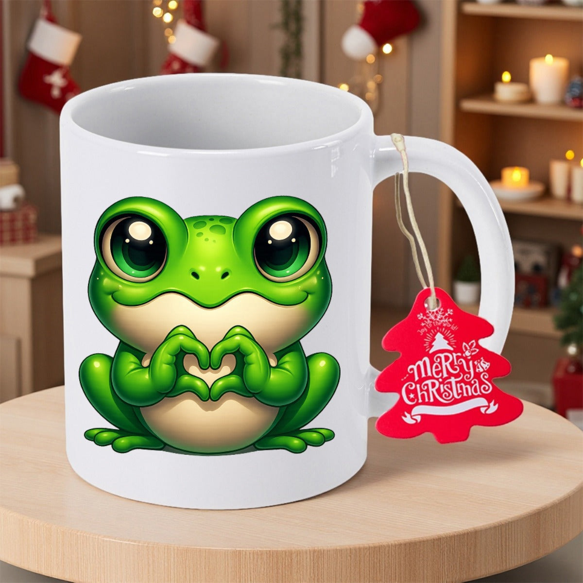 Tailorly White Ceramic 11 oz Mug - Merry Christmas Adorable Tiny Green Frog Making Heart Gesture With Little Hands Frog