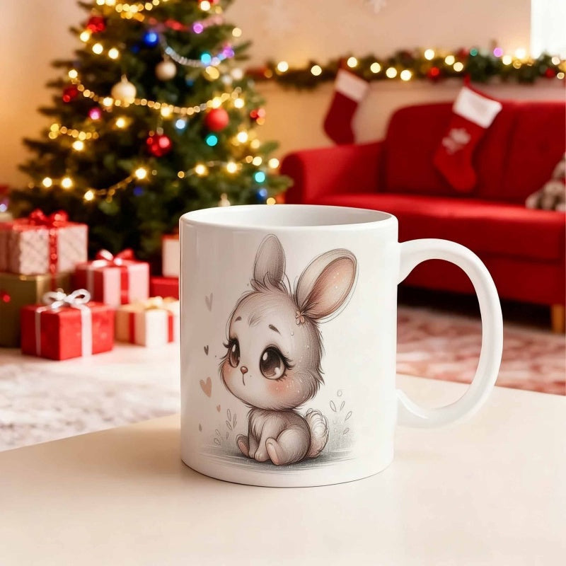 Tailorly White Ceramic 11 oz Mug - Tiny Adorable Bunny Sitting Quietly Surrounded By Small Hearts And Foliage Rabbit