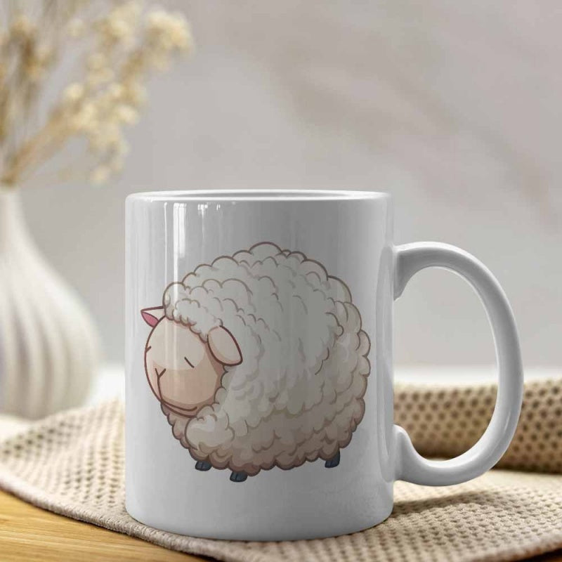 Tailorly White Ceramic 11 oz Mug - Adorable Fluffy Round Cartoon Animal Standing Peacefully On Tiny Hooves Sheep