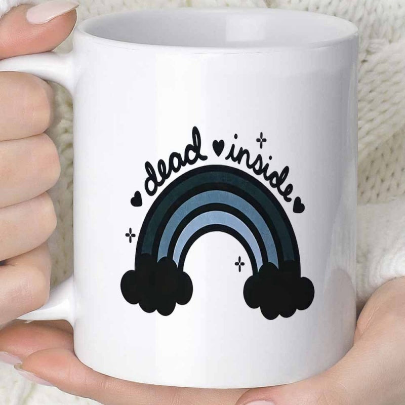 Tailorly White Ceramic 11 oz Mug - Dead Inside Muted Tones Arched Boho Design With Black Clouds Stars And Hearts Rainbow