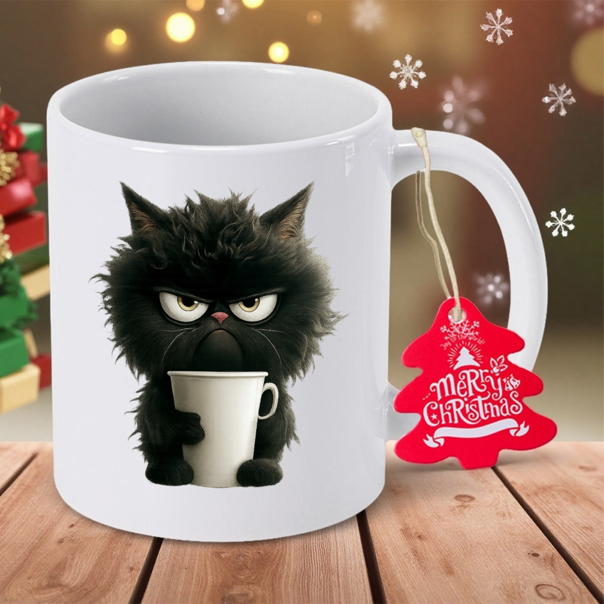 Tailorly White Ceramic 11 oz Mug - Merry Christmas Angry Fluffy Black Feline Character Holding A Small Cat