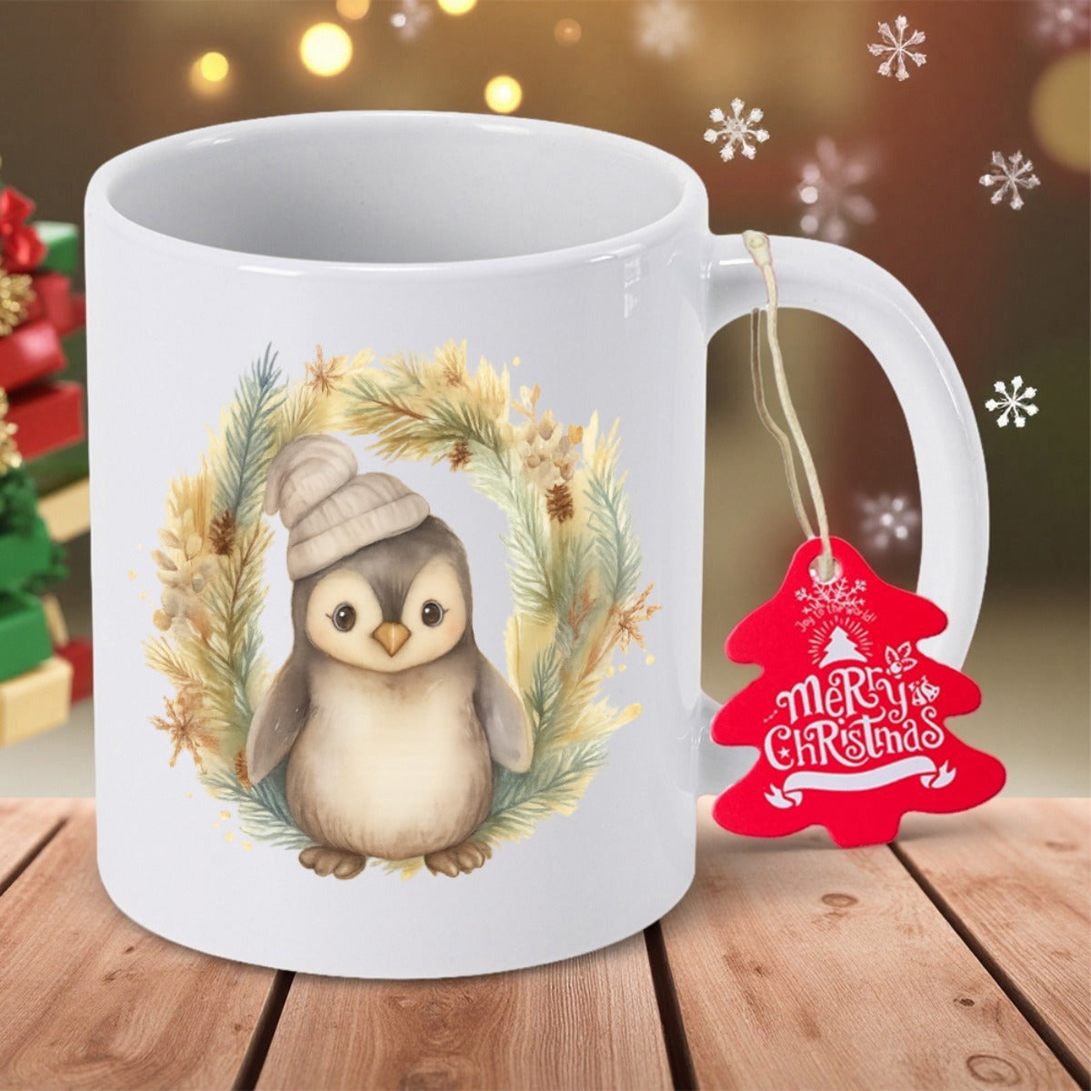 Tailorly White Ceramic 11 oz Mug - Merry Christmas Adorable Winter Penguin Wearing Knit Hat Surrounded By Golden Pine Wreath Penguin