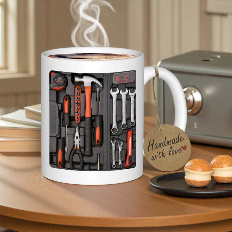 Tailorly White Ceramic 11 oz Mug - Handmade With Love Realistic Set Of Hand Tools Neatly Organized Within A Dark Compartment Toolbox