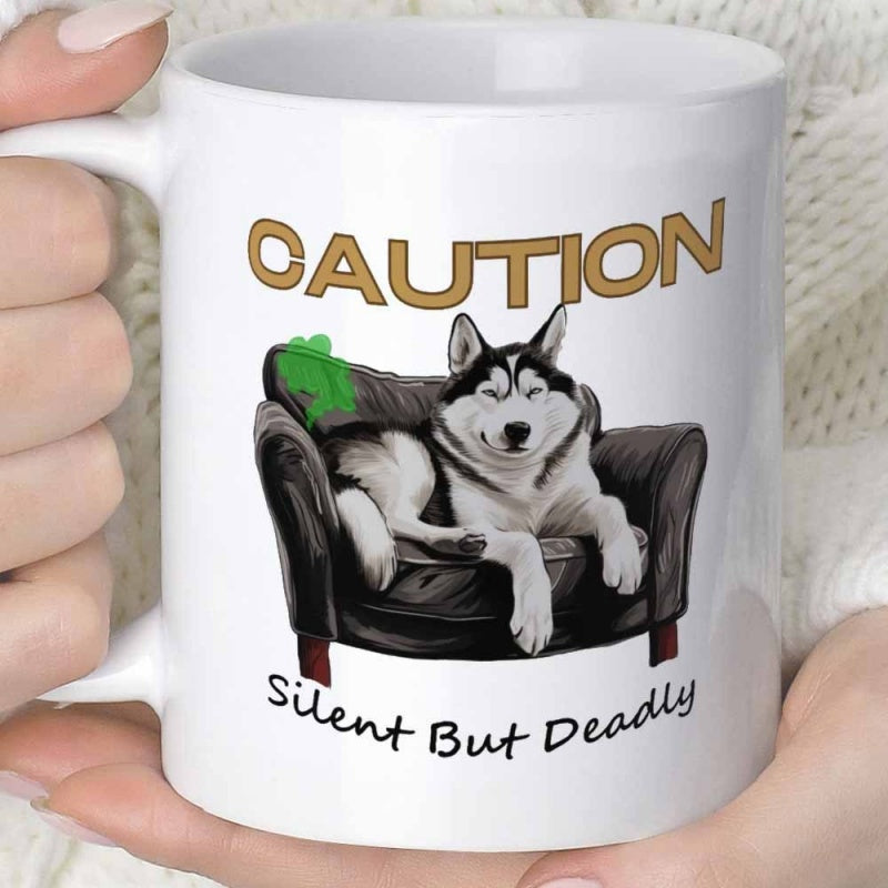 Tailorly White Ceramic 11 oz Mug - Caution Silent But Deadly Sitting Relaxed On Small Black Leather Armchair With Funny Expression Husky