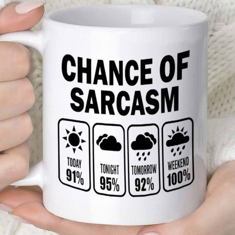 Tailorly White Ceramic 11 oz Mug - Chance Of Sarcasm Humorous Weather Forecast Icons Inside Four Simple Black Framed Panels Mug