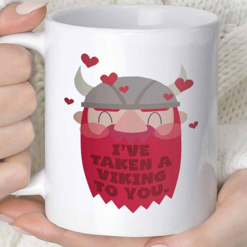 Tailorly White Ceramic 11 oz Mug - I've Taken A Viking To You Cartoon Character With Red Beard And Horned Helmet Among Hearts Viking