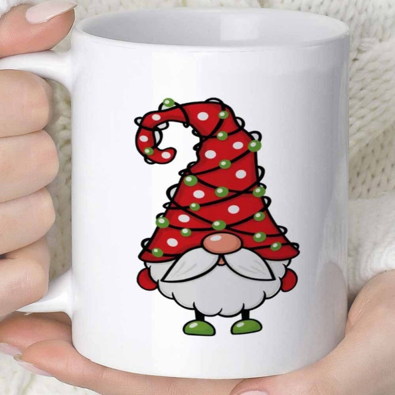 Tailorly White Ceramic 11 oz Mug - Festive Christmas Character With Red Polka Dot Hat And Glowing Decorative Lights Gnome
