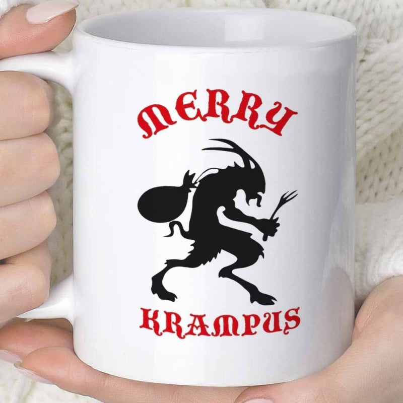 Tailorly White Ceramic 11 oz Mug - Merry Krampus Mythical Horned Silhouette Carrying A Sack And Birch Rods Krampus