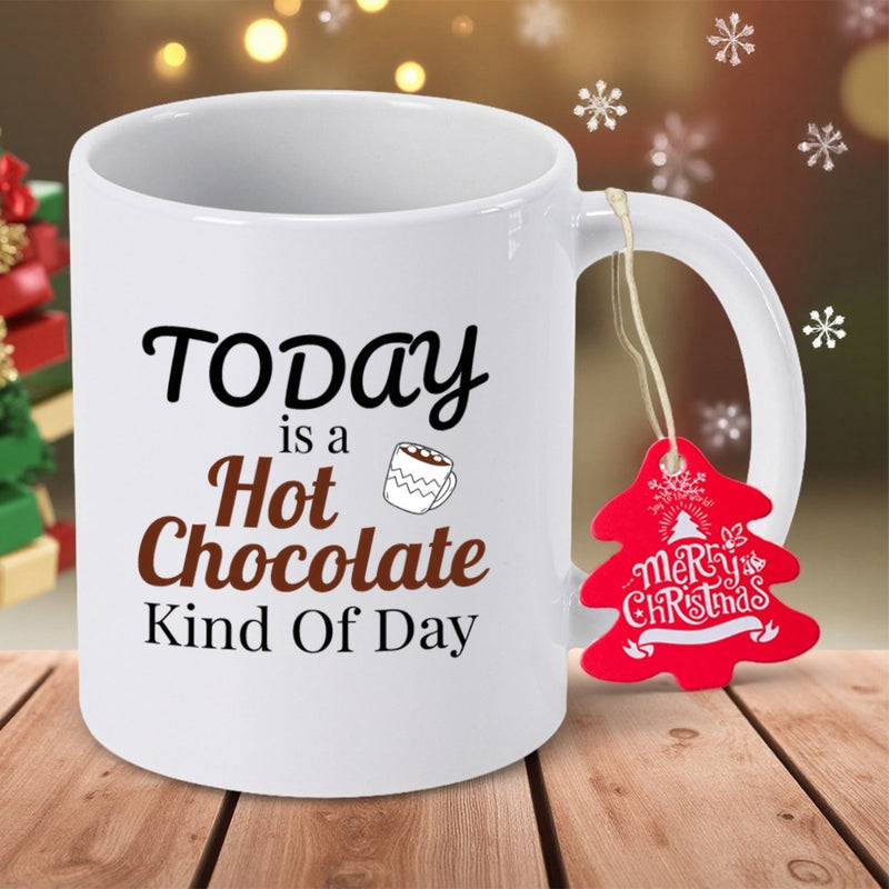 Tailorly White Ceramic 11 oz Mug - Today Is A Hot Chocolate Kind Of Day Minimalist White Ceramic Vessel Featuring Steaming Beverage And Cute Festive Illustration