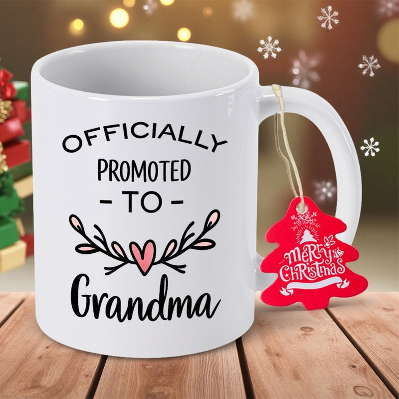 Tailorly White Ceramic 11 oz Mug - Officially Promoted To Grandma Merry Christmas Elegant Hand Drawn Twig Wreath With Heart Centered On Ceramic Mug