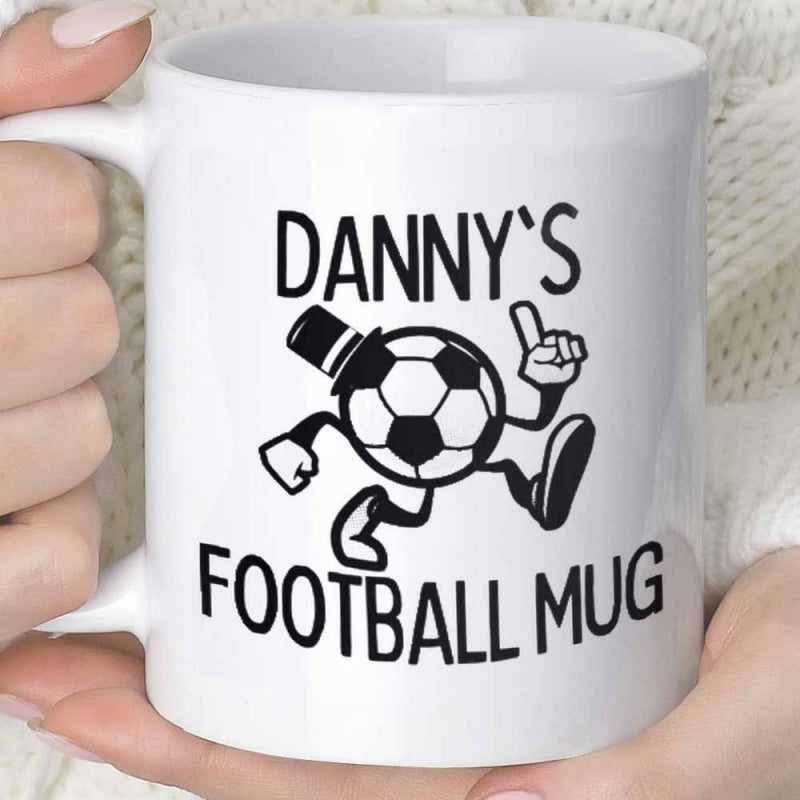 Tailorly White Ceramic 11 oz Mug - Dannys Football Mug Cartoon Character Wearing Top Hat With Dancing Limbs Soccer Ball