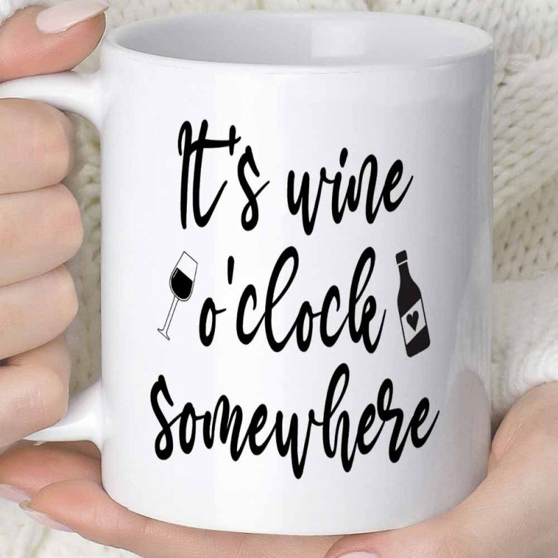 Tailorly White Ceramic 11 oz Mug - Its Wine Oclock Somewhere Minimalist Line Art Wine Glass And Heart Bottle Design Mug