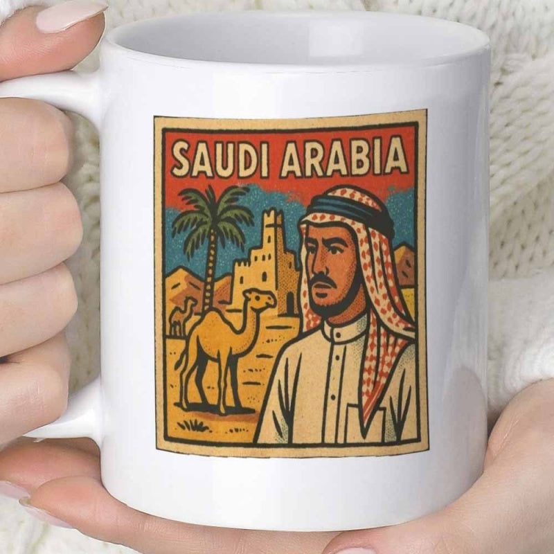 Tailorly White Ceramic 11 oz Mug - Saudi Arabia Vintage Illustration Featuring Desert Landscape With Traditional Attire Man