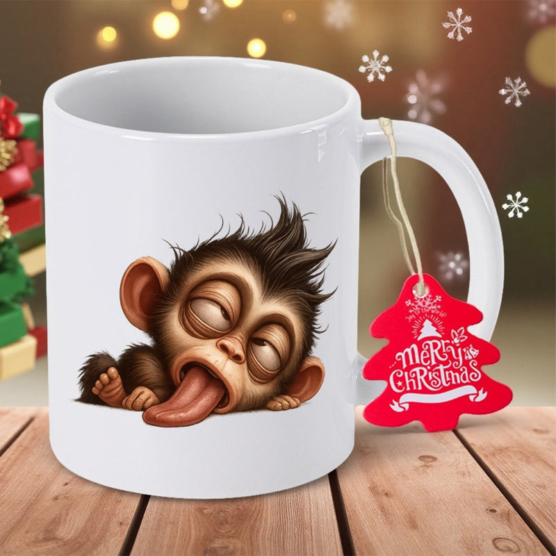 Tailorly White Ceramic 11 oz Mug - Merry Christmas Exhausted Sleepy Baby Chimpanzee Resting Among Cozy Holiday Decor Monkey