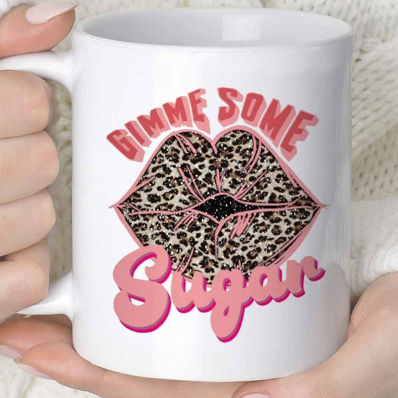 Tailorly White Ceramic 11 oz Mug - Gimme Some Sugar Pink Outlined Mouth Featuring Wild Animal Print Pattern Graphic Design Lips