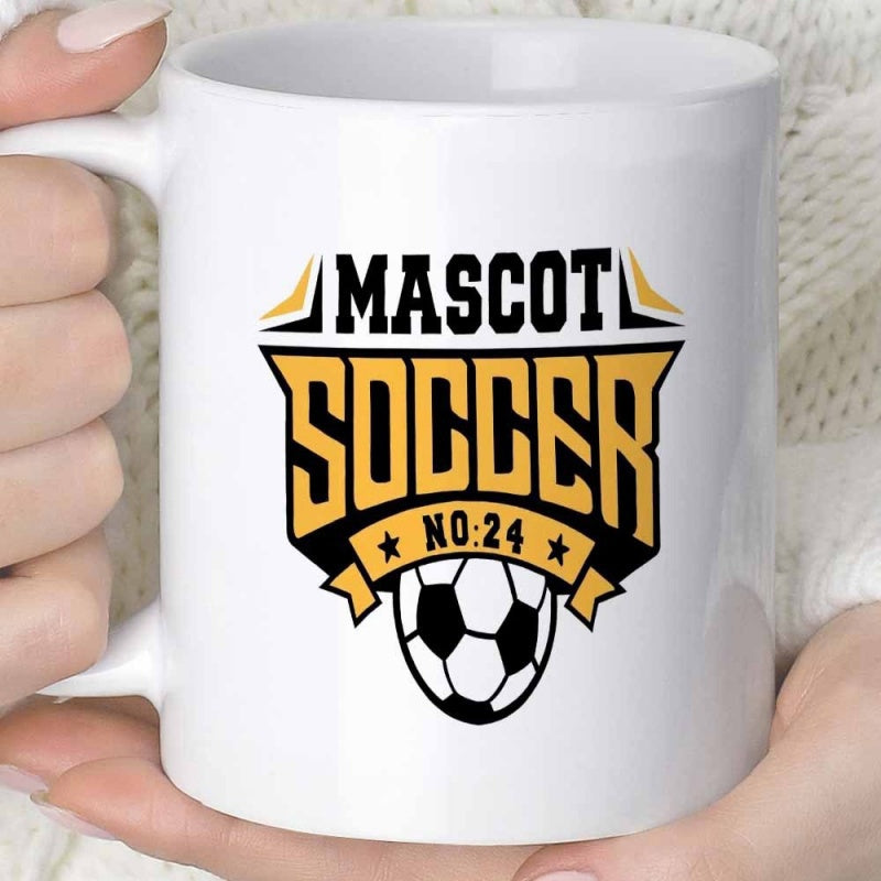 Tailorly White Ceramic 11 oz Mug - Mascot Soccer No 24 Bold Athletic Crest Featuring A Geometric Yellow Shield And Soccer Ball